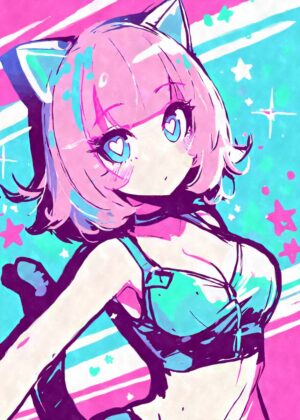 Pastel Anime Cat Girl Art Print - Premium Wooden Framed Poster. Ready to Hang.