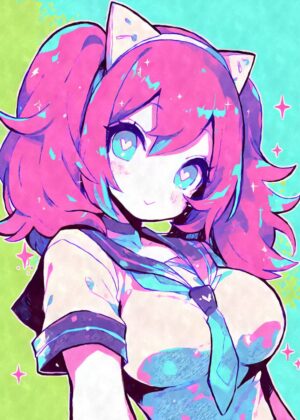Kawaii Pastel Anime Girl with Cat Ears Art Print - Premium Wooden Framed Poster. Ready to Hang.