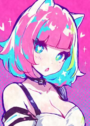 Kawaii Pink Hair Nekomimi Anime Girl Art Print - Premium Wooden Framed Poster. Ready to Hang.