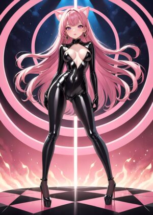 Foxy Anime Girl in Black Leather - Premium Wooden Framed Poster. Ready to Hang.