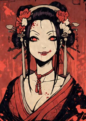 Crimson Embrace: Anime Vampire Geisha Art Print - Premium Wooden Framed Poster. Ready to Hang.