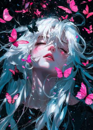 Anime Girl with Butterflies II: Dreamlike Digital Art Print - Premium Wooden Framed Poster. Ready to Hang.