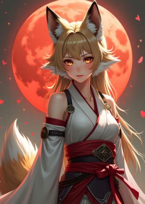 Enchanting Anime Fox Spirit: Digital Art Print - Premium Wooden Framed Poster. Ready to Hang.