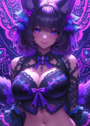 Purple-Haired Anime Girl with Fox Ears - Premium Wooden Framed Poster. Ready to Hang.