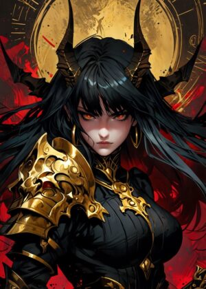 Dark-Haired Demoness: Fierce Fantasy Art Print - Premium Wooden Framed Poster. Ready to Hang.