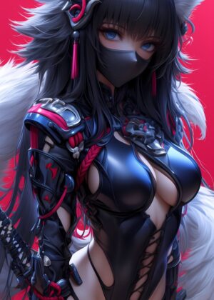 Cyberpunk Anime Warrior: Digital Art Print - Premium Wooden Framed Poster. Ready to Hang.