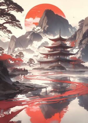 Serene Japanese Pagoda Landscape Art Print - Premium Wooden Framed Poster. Ready to Hang.