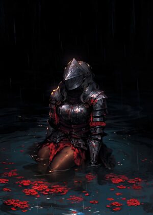 Fallen Knightness in Rain: A Dark Fantasy Artwork - Premium Wooden Framed Poster. Ready to Hang.