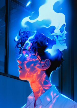 Blue Flame Skull: Ethereal Digital Art Print - Premium Wooden Framed Poster. Ready to Hang.