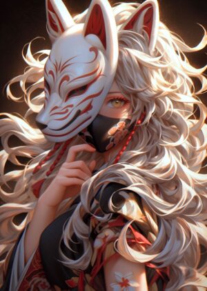 Kitsune Assassin: Digital Art Print - Premium Wooden Framed Poster. Ready to Hang.