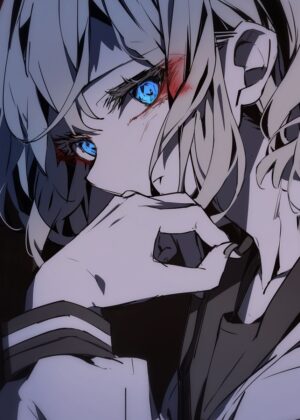 Anime Girl with Striking Blue Eyes - Premium Wooden Framed Poster. Ready to Hang.