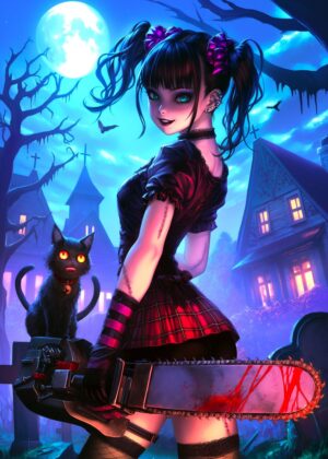 Gothic Lolita with Chainsaw: Spooky Halloween Art Print - Premium Wooden Framed Poster. Ready to Hang.