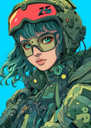 Cyberpunk Green-Eyed Female Soldier Art Print - Premium Wooden Framed Poster. Ready to Hang.