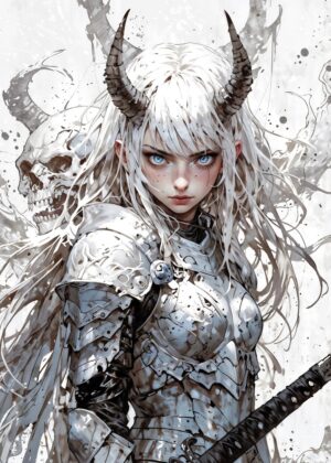 White-Haired Demon Warrior: Digital Art Print - Premium Wooden Framed Poster. Ready to Hang.
