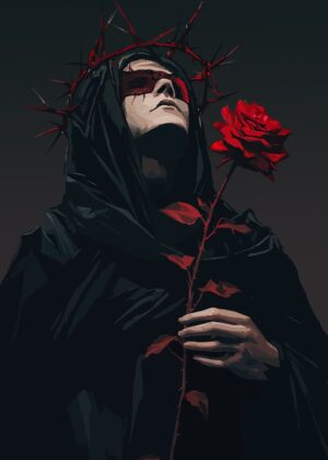 Dark Figure with Rose: A Gothic Masterpiece - Premium Wooden Framed Poster. Ready to Hang.