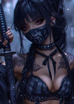 Anime Girl with Katana: Dark Fantasy Art Print - Premium Wooden Framed Poster. Ready to Hang.