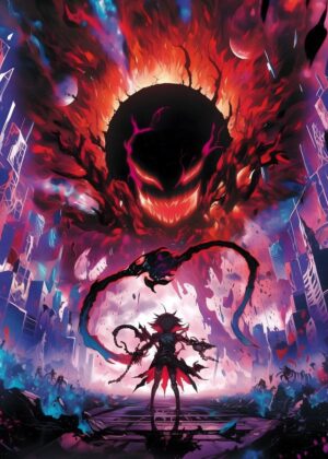 Anime Monster Battle: Fiery City Showdown - Premium Wooden Framed Poster. Ready to Hang.