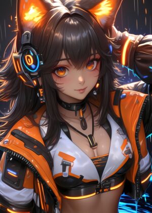 Cyberpunk Anime Girl Orange: High-Resolution Digital Art Print - Premium Wooden Framed Poster. Ready to Hang.