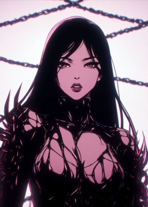 Anime Woman in Spiked Armor: Dark Fantasy Art Print - Premium Wooden Framed Poster. Ready to Hang.