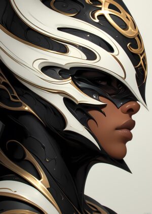 Cyberpunk Warrior Helmet: Digital Art Print - Premium Wooden Framed Poster. Ready to Hang.