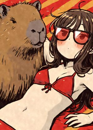 Capybara & Anime Girl Summer Chill Art Print - Premium Wooden Framed Poster. Ready to Hang.