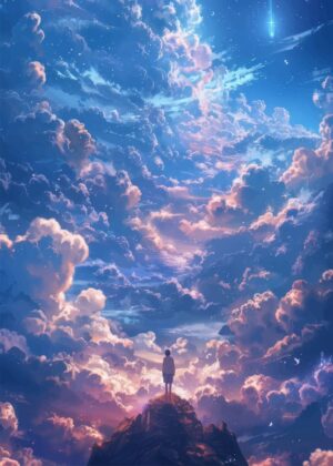 Lonely Figure in a Dreamy Sky - Premium Wooden Framed Poster. Ready to Hang.