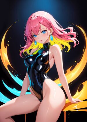 Anime Girl in Black Latex Swimsuit: Vibrant Digital Art Print - Premium Wooden Framed Poster. Ready to Hang.