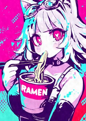 Cyberpunk Anime Girl Enjoying Ramen - Premium Wooden Framed Poster. Ready to Hang.