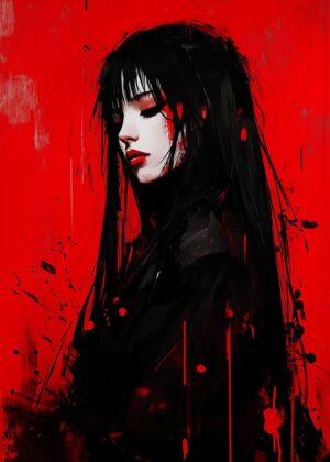 Red and Black Cyberpunk Anime Girl Art Print - Premium Wooden Framed Poster. Ready to Hang.