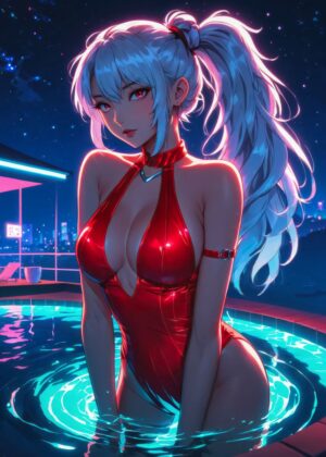 Night Swim: Anime Girl Art Print - Premium Wooden Framed Poster. Ready to Hang.