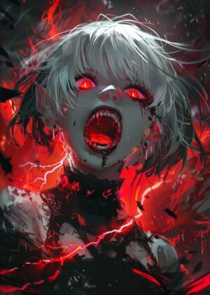 Fiery Anime Girl with Glowing Red Eyes - Premium Wooden Framed Poster. Ready to Hang.