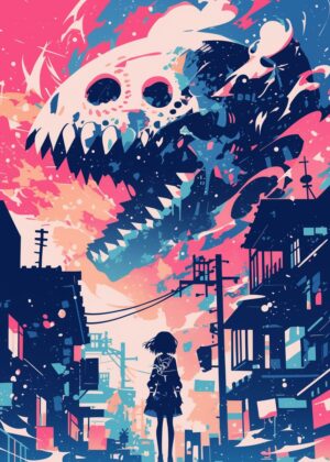 Anime Girl Contemplates Immense Creature - Premium Wooden Framed Poster. Ready to Hang.