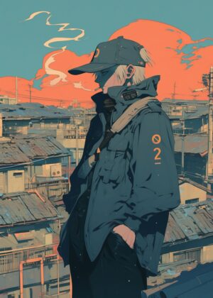 Anime Character in Urban Sprawl - Premium Wooden Framed Poster. Ready to Hang.