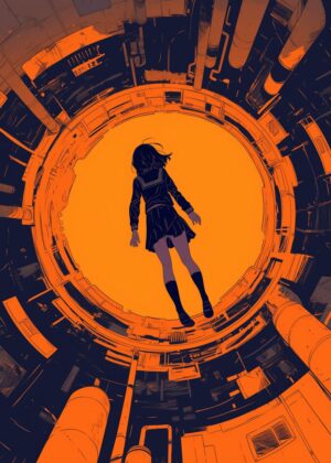 Girl in Circular City: A Surreal Urban Landscape - Premium Wooden Framed Poster. Ready to Hang.