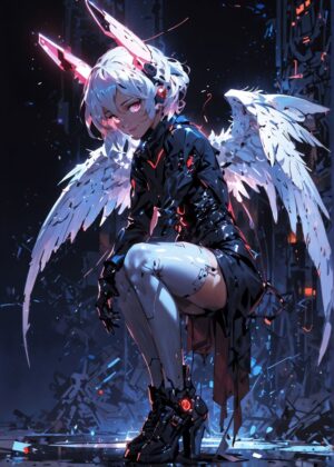 Cyberpunk Angel: Digital Art Print - Premium Wooden Framed Poster. Ready to Hang.