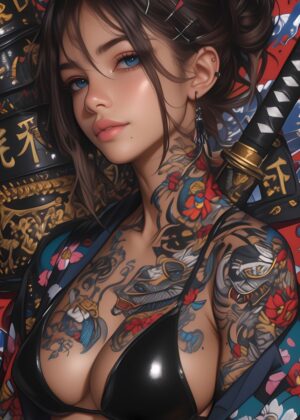 Japanese Tattooed Woman with Katana: Digital Art Print - Premium Wooden Framed Poster. Ready to Hang.