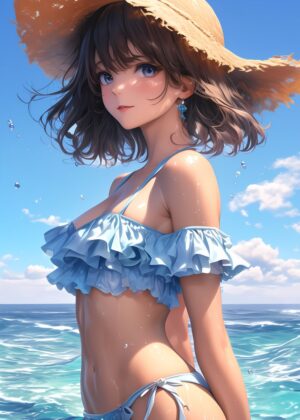 Summertime Anime Beauty: A Vibrant Beach Scene - Premium Wooden Framed Poster. Ready to Hang.