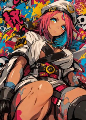 Anime Girl Captain: Pink Hair and Bold Style - Premium Wooden Framed Poster. Ready to Hang.