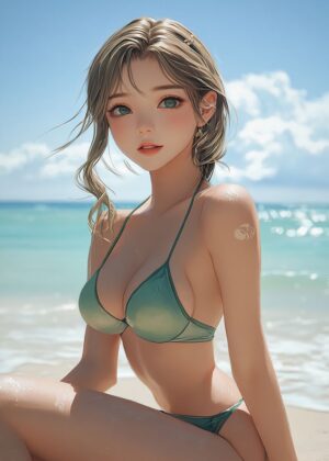 Anime Elvish Girl in Green Bikini: Summer Beach Art Print - Premium Wooden Framed Poster. Ready to Hang.