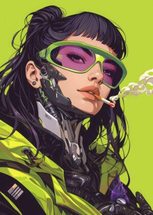Cyberpunk Girl Smoking Cigarette: Digital Art Print - Premium Wooden Framed Poster. Ready to Hang.