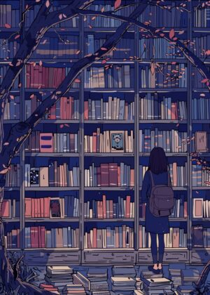Girl Reading in a Bookstore at Dusk - Premium Wooden Framed Poster. Ready to Hang.