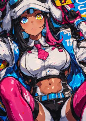 Vibrant Anime Girl in White and Blue Outfit - Premium Wooden Framed Poster. Ready to Hang.