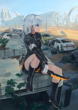 Anime Girl in a Post-Apocalyptic Wasteland - Premium Wooden Framed Poster. Ready to Hang.