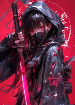 Crimson Blade: Anime Girl Samurai Art Print - Premium Wooden Framed Poster. Ready to Hang.