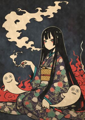 Anime Girl Smoking with Ghosts: Ukiyo-e Inspired Art Print - Premium Wooden Framed Poster. Ready to Hang.