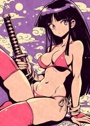 Samurai Anime Girl with Katana: Fierce Beauty - Premium Wooden Framed Poster. Ready to Hang.