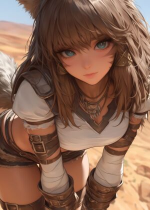 Anime Girl with Cat Ears in the Desert - Premium Wooden Framed Poster. Ready to Hang.