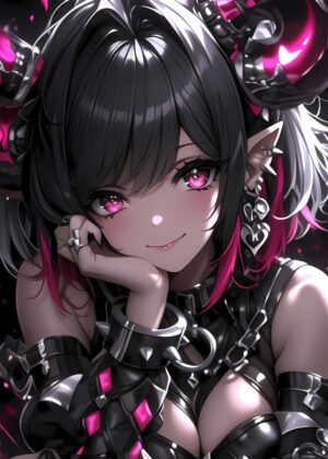 Demon Anime Girl with Pink Highlights: Dark Fantasy Art Print - Premium Wooden Framed Poster. Ready to Hang.