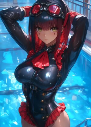 Anime Girl by the Pool: Black and Red Swimsuit - Premium Wooden Framed Poster. Ready to Hang.