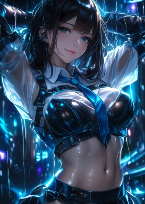 Anime Girl in Blue and Black Under the Rain - Premium Wooden Framed Poster. Ready to Hang.